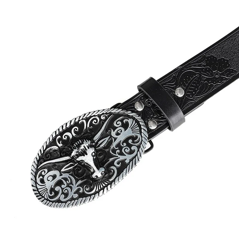 Retro Trendy Men's Bull Head Alloy Buckle Belt, Western - style Pressure Flower Relief Men's Personalized Ethnic Style Belt