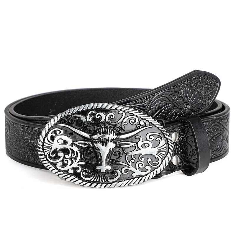 Retro Trendy Men's Bull Head Alloy Buckle Belt, Western - style Pressure Flower Relief Men's Personalized Ethnic Style Belt