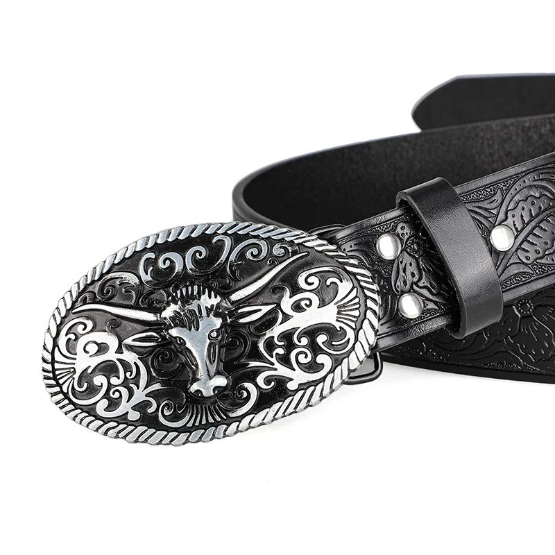Retro Trendy Men's Bull Head Alloy Buckle Belt, Western - style Pressure Flower Relief Men's Personalized Ethnic Style Belt