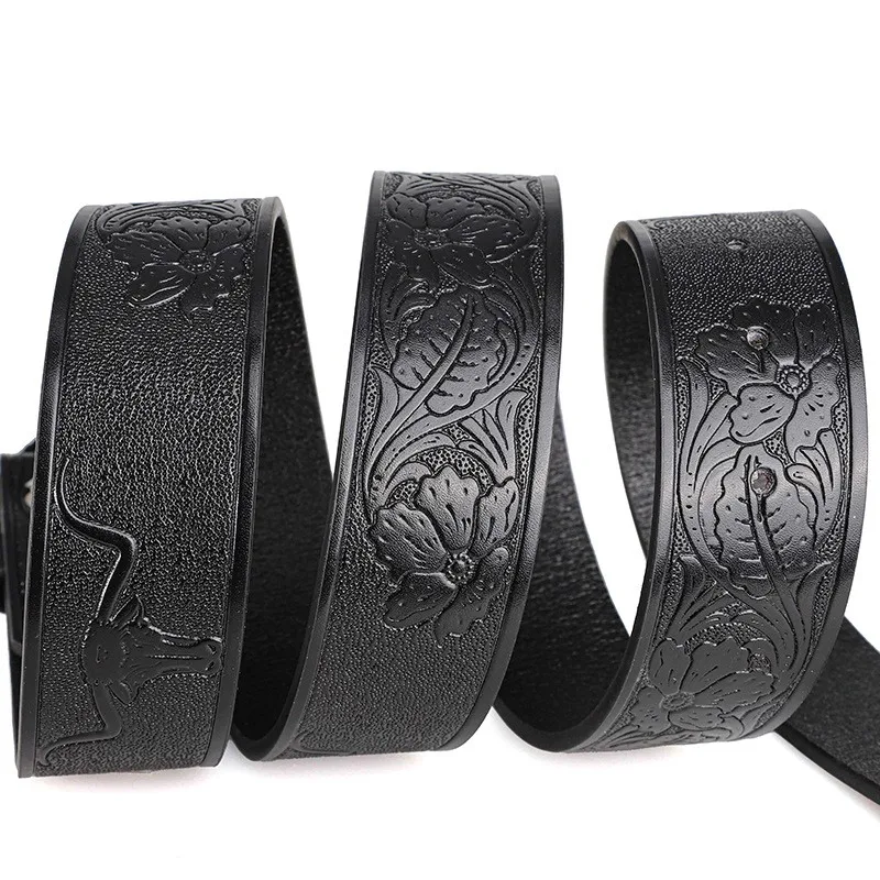 Retro Trendy Men's Bull Head Alloy Buckle Belt, Western - style Pressure Flower Relief Men's Personalized Ethnic Style Belt