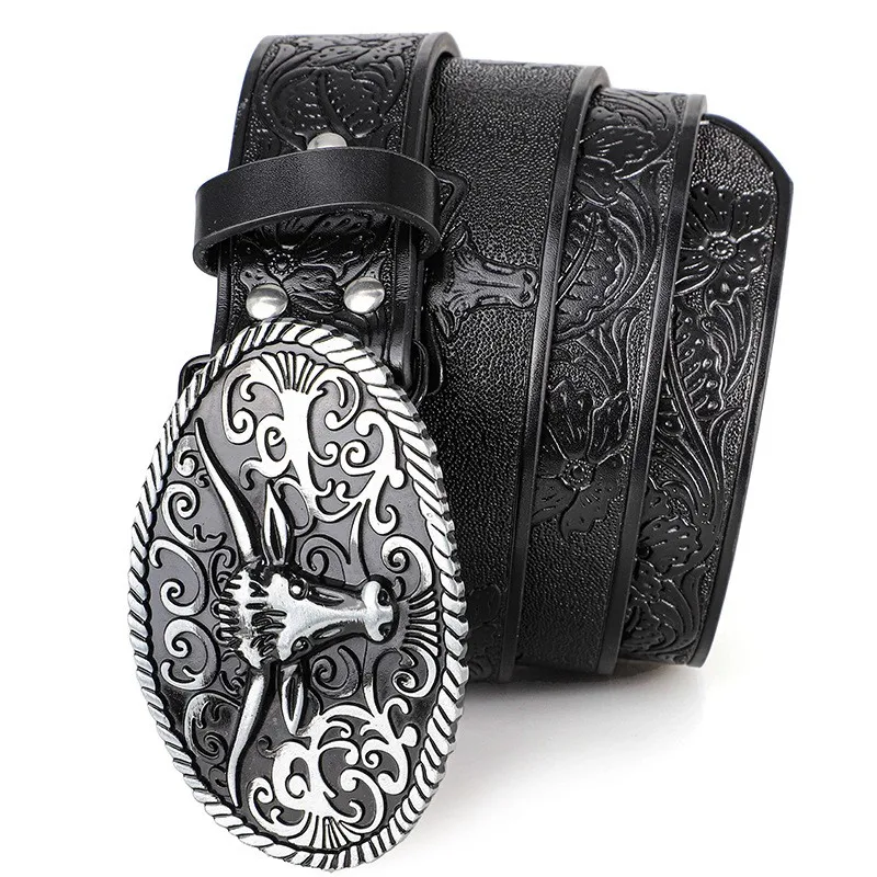 Retro Trendy Men's Bull Head Alloy Buckle Belt, Western - style Pressure Flower Relief Men's Personalized Ethnic Style Belt