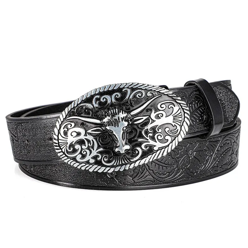 Retro Trendy Men's Bull Head Alloy Buckle Belt, Western - style Pressure Flower Relief Men's Personalized Ethnic Style Belt