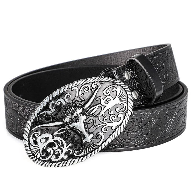 Retro Trendy Men's Bull Head Alloy Buckle Belt, Western - style Pressure Flower Relief Men's Personalized Ethnic Style Belt