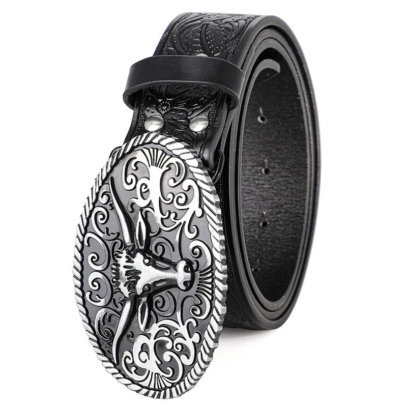 Retro Trendy Men's Bull Head Alloy Buckle Belt, Western - style Pressure Flower Relief Men's Personalized Ethnic Style Belt