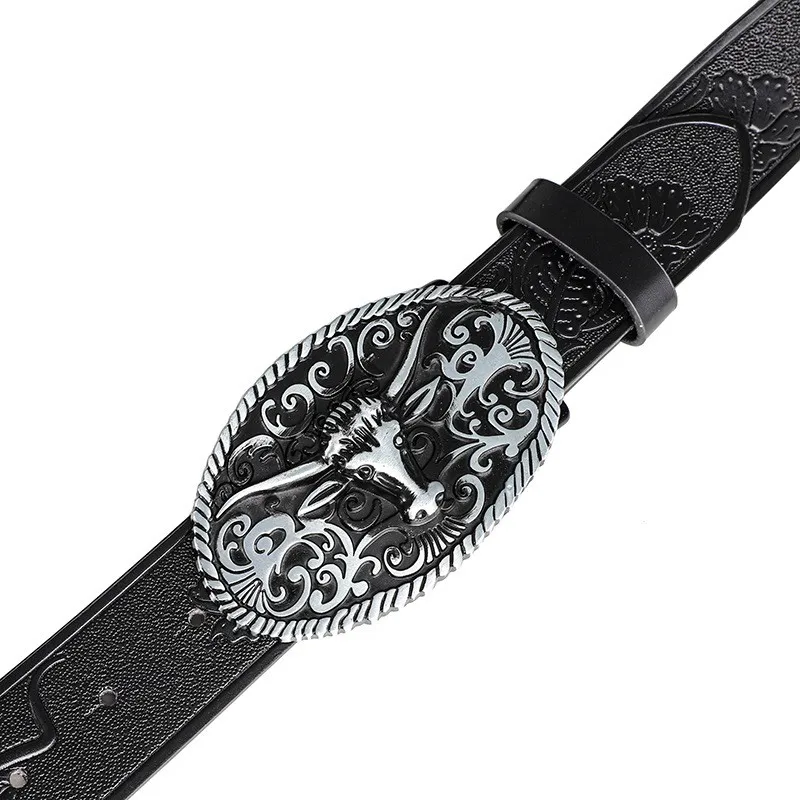 Retro Trendy Men's Bull Head Alloy Buckle Belt, Western - style Pressure Flower Relief Men's Personalized Ethnic Style Belt