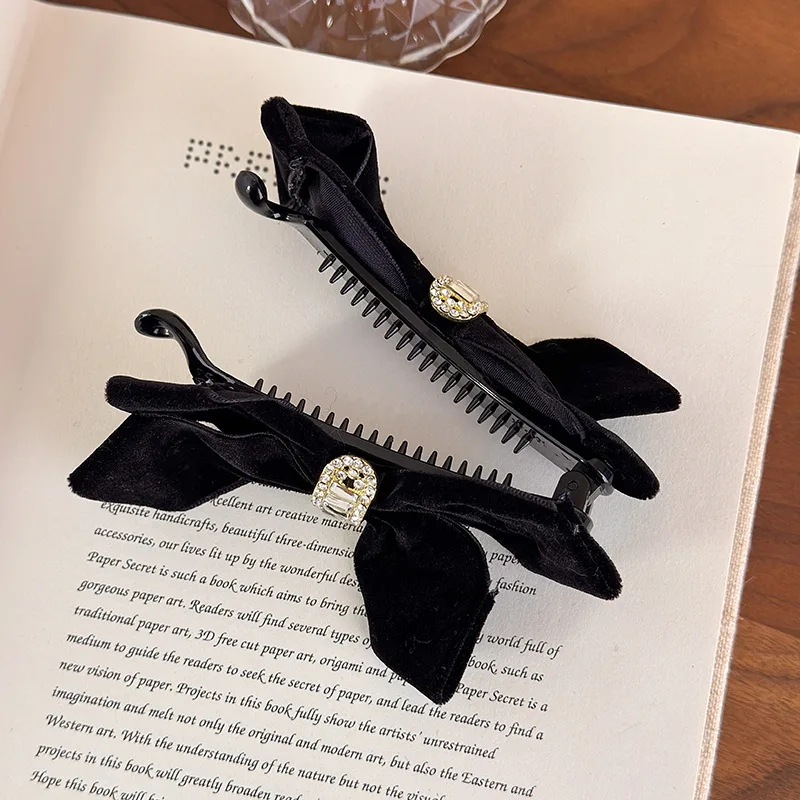 Autumn/Winter New Arrival Black Velvet Bow Banana Clip Vertical Clip High Ponytail Hair Accessory Hair Clip for Women