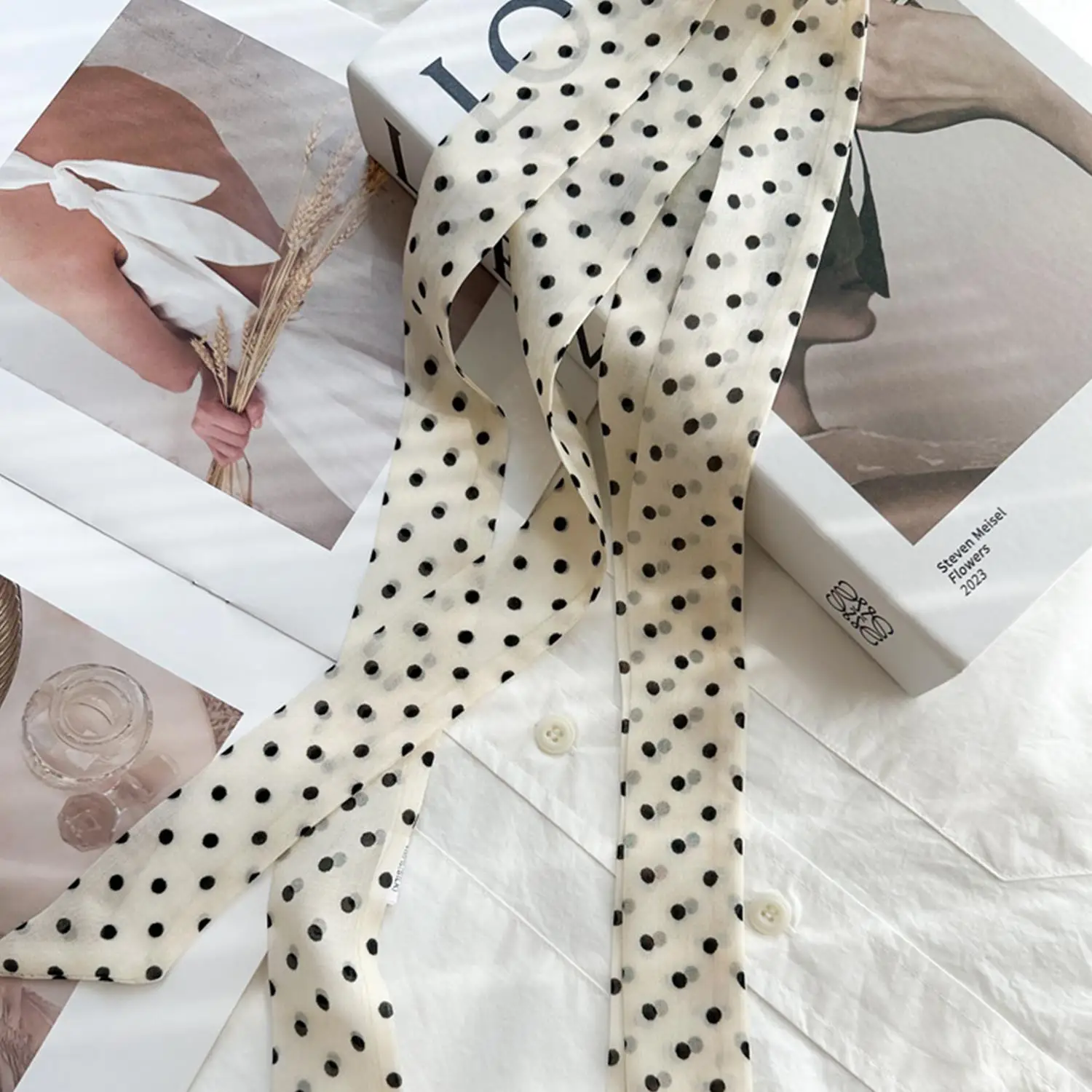 Women Narrow Long Scarf 150x4cm Polka Dot Bag Ribbon Headband Choker Streamer, Versatile Fashion Accessories for Daily Wear