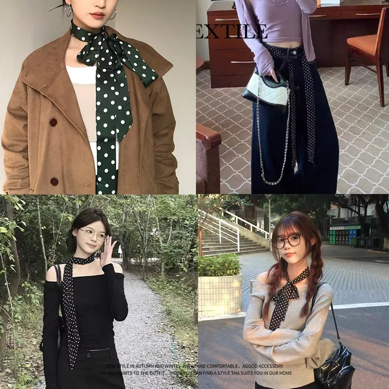 Women Narrow Long Scarf 150x4cm Polka Dot Bag Ribbon Headband Choker Streamer, Versatile Fashion Accessories for Daily Wear