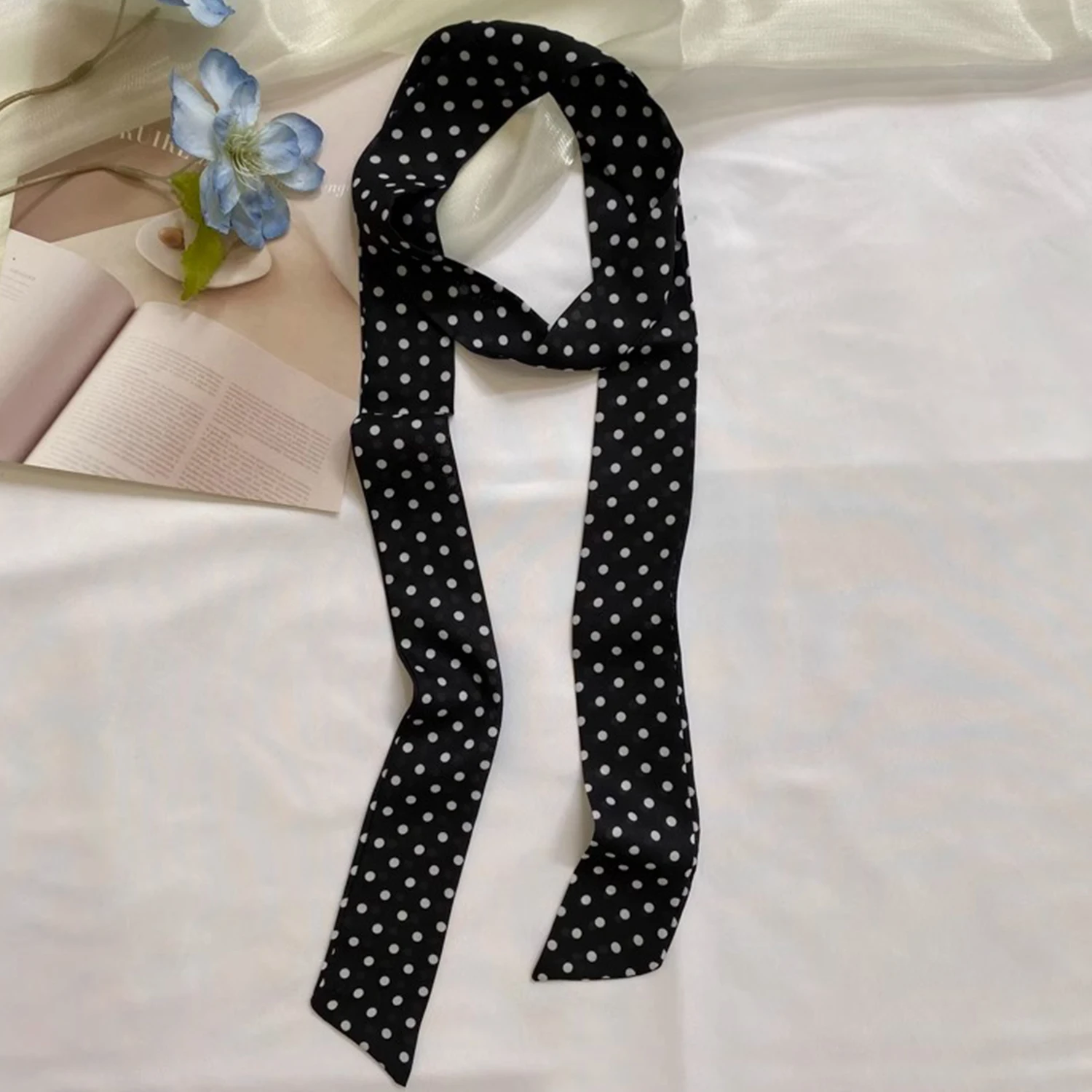 Women Narrow Long Scarf 150x4cm Polka Dot Bag Ribbon Headband Choker Streamer, Versatile Fashion Accessories for Daily Wear