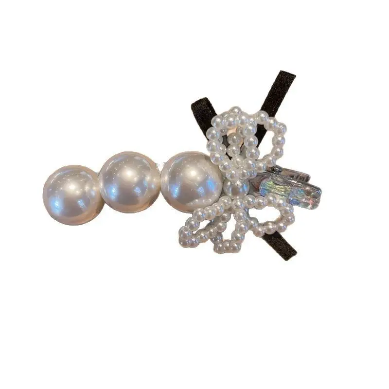 Pearl Bow Hair Clip, Duckbill Clip, Forest-Style Hair Clip for Forehead, Side Clip, Exquisite Curved Bangs Clip