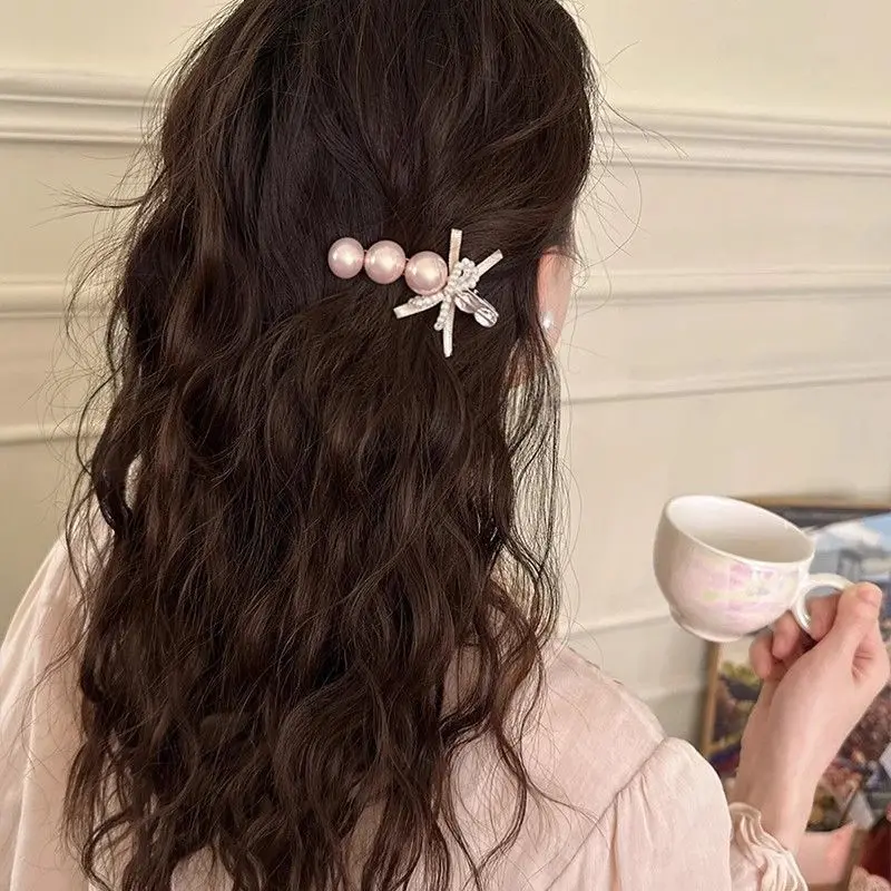 Pearl Bow Hair Clip, Duckbill Clip, Forest-Style Hair Clip for Forehead, Side Clip, Exquisite Curved Bangs Clip