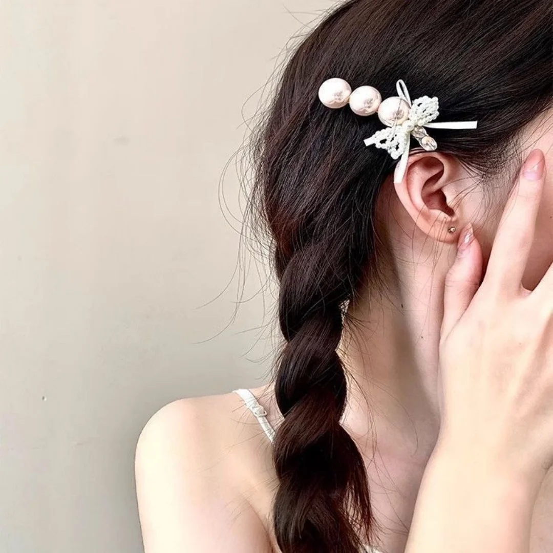 Pearl Bow Hair Clip, Duckbill Clip, Forest-Style Hair Clip for Forehead, Side Clip, Exquisite Curved Bangs Clip