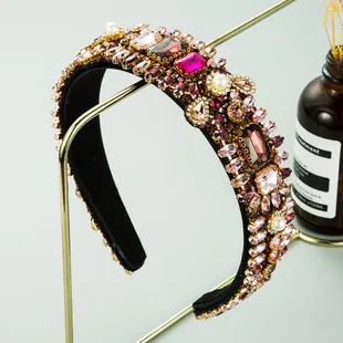 Cross-Border Vintage Court Style Baroque Rhinestone Headband Bee Wide Edge Gold Velvet Head Buckle Pearl Headband