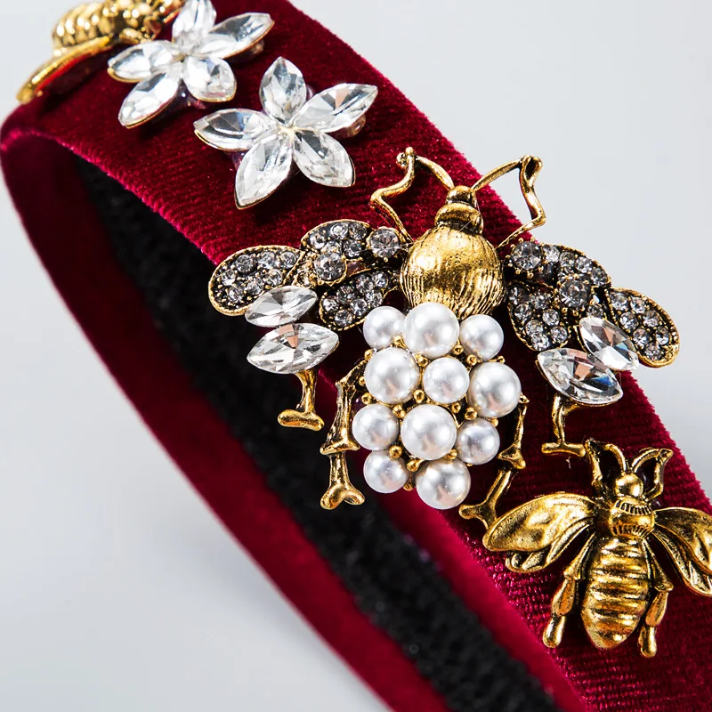 Cross-Border Vintage Court Style Baroque Rhinestone Headband Bee Wide Edge Gold Velvet Head Buckle Pearl Headband