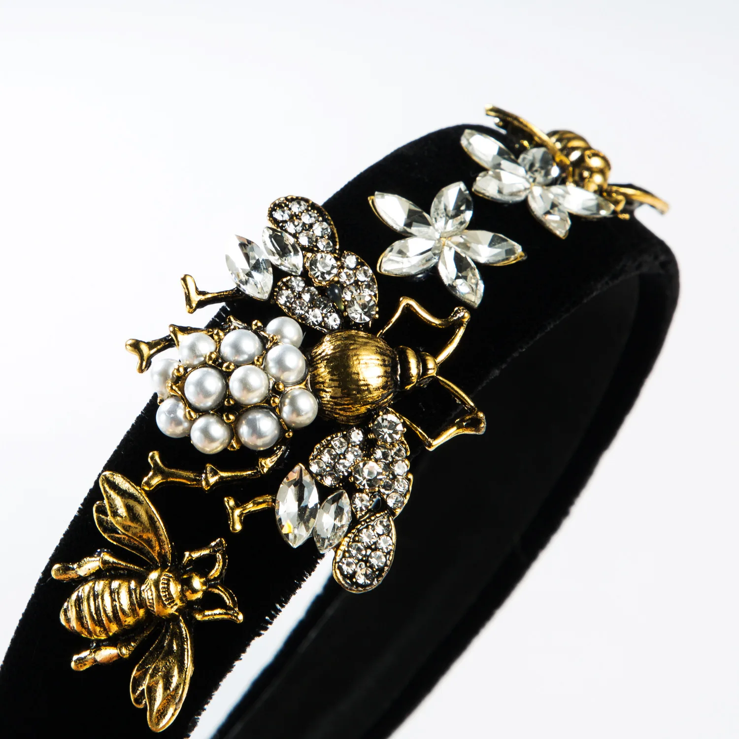 Cross-Border Vintage Court Style Baroque Rhinestone Headband Bee Wide Edge Gold Velvet Head Buckle Pearl Headband