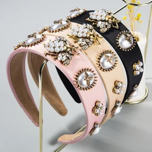 Cross-Border Vintage Court Style Baroque Rhinestone Headband Bee Wide Edge Gold Velvet Head Buckle Pearl Headband