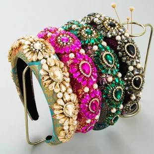 Cross-Border Vintage Court Style Baroque Rhinestone Headband Bee Wide Edge Gold Velvet Head Buckle Pearl Headband