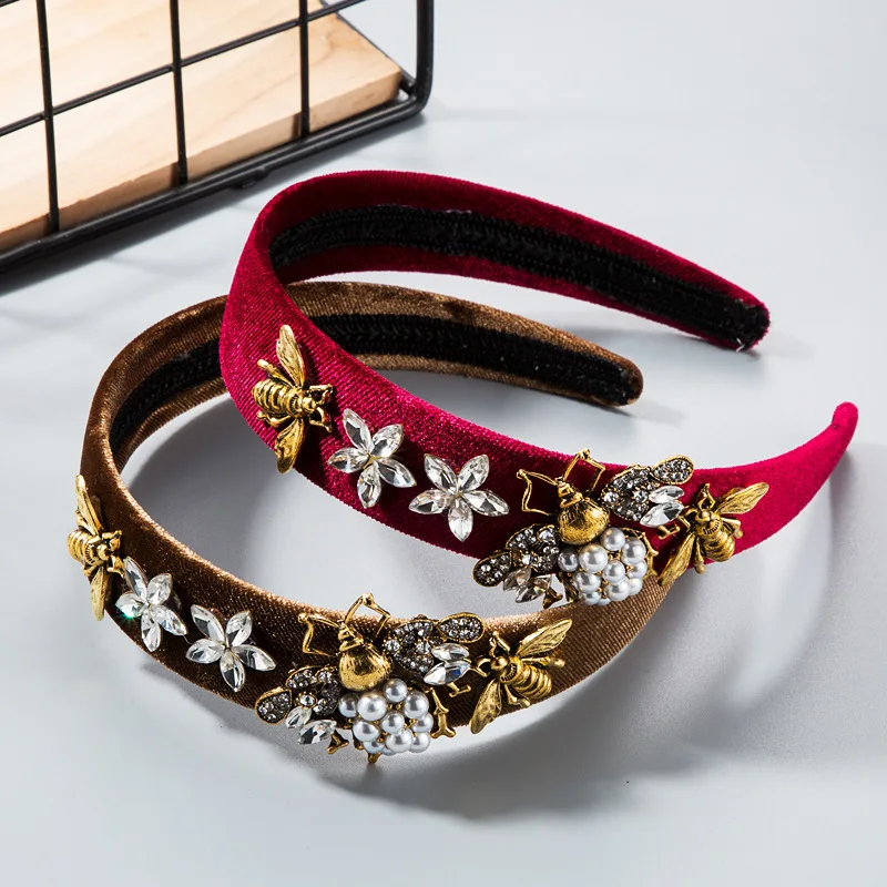 Cross-Border Vintage Court Style Baroque Rhinestone Headband Bee Wide Edge Gold Velvet Head Buckle Pearl Headband