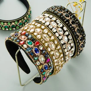 Cross-Border Vintage Court Style Baroque Rhinestone Headband Bee Wide Edge Gold Velvet Head Buckle Pearl Headband