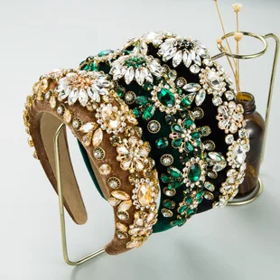 Cross-Border Vintage Court Style Baroque Rhinestone Headband Bee Wide Edge Gold Velvet Head Buckle Pearl Headband