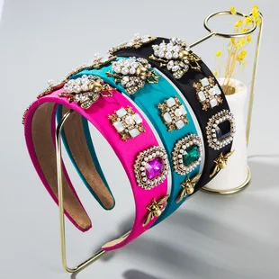 Cross-Border Vintage Court Style Baroque Rhinestone Headband Bee Wide Edge Gold Velvet Head Buckle Pearl Headband