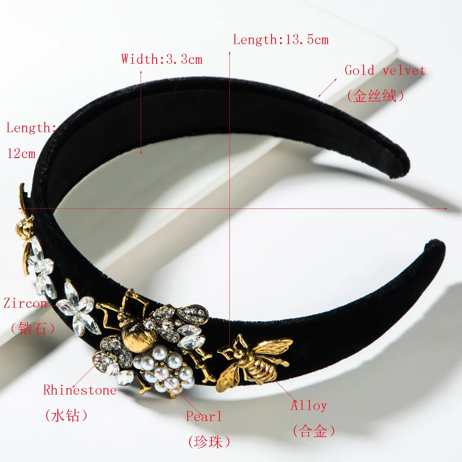 Cross-Border Vintage Court Style Baroque Rhinestone Headband Bee Wide Edge Gold Velvet Head Buckle Pearl Headband