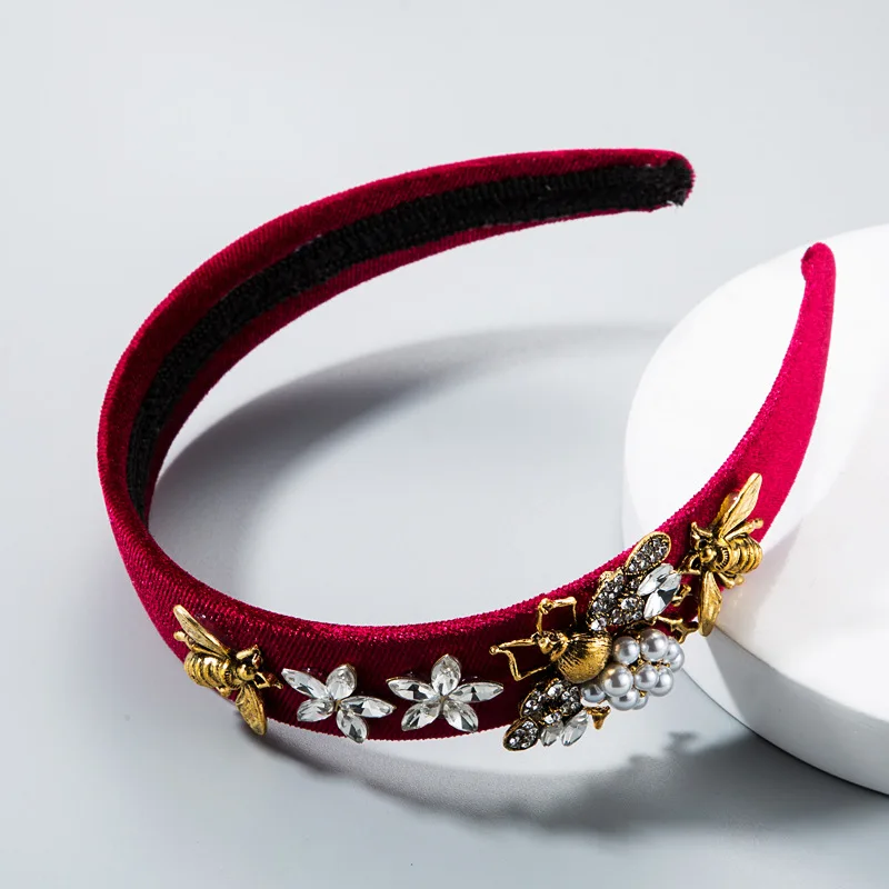Cross-Border Vintage Court Style Baroque Rhinestone Headband Bee Wide Edge Gold Velvet Head Buckle Pearl Headband