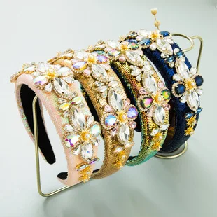 Cross-Border Vintage Court Style Baroque Rhinestone Headband Bee Wide Edge Gold Velvet Head Buckle Pearl Headband