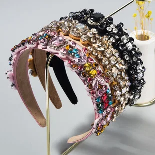 Cross-Border Vintage Court Style Baroque Rhinestone Headband Bee Wide Edge Gold Velvet Head Buckle Pearl Headband