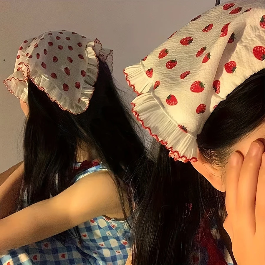 1 Piece of Cute Strawberry Triangle Headscarf with Hairband, Pastoral Style Lace Women's Headwear, Spring Outing Picnic Hair Accessory