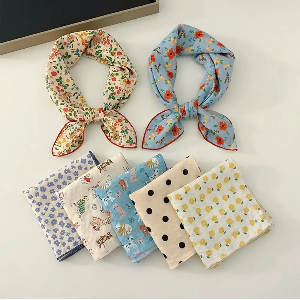Elegant Cashew Small Square Scarf Cherry Flower Cotton Linen Print Scarves Korean Headband Printed Silk Scarf Outdoor