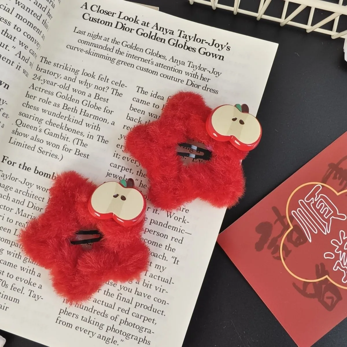 2PCSRed Faux Fur Apple Hair Clips,Cute Fruit-themed Hairpins,Soft Fluffy Hair Accessories For Women, Adorable Fashion Hair Decor