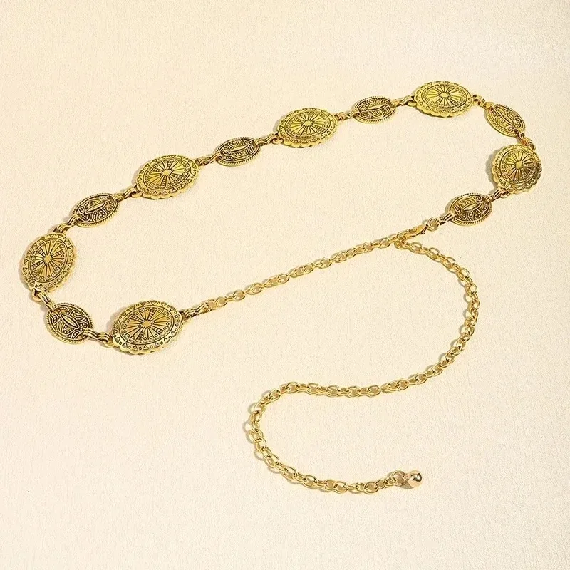 Retro style women's metal waist chain accessories Decorative circle carved chain belt high style accessories Nice