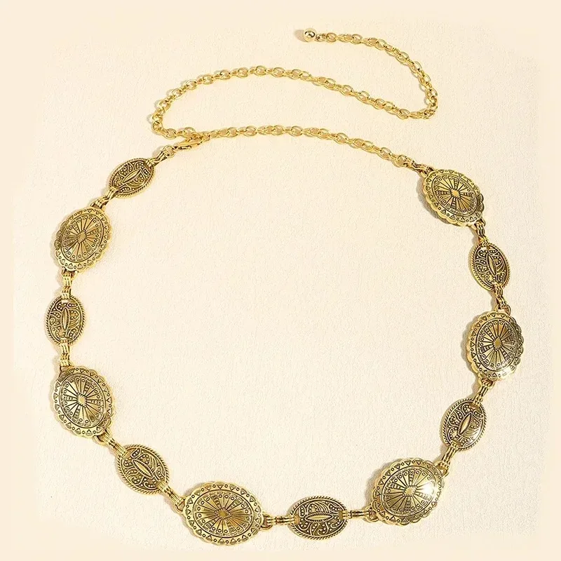 Retro style women's metal waist chain accessories Decorative circle carved chain belt high style accessories Nice