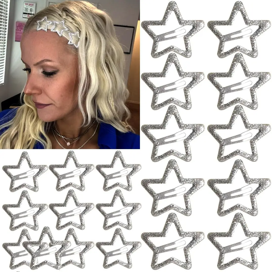 10/20PCS Silver Metal Sparkling 1.2" Star Hair Clips Snap Hair Barrettes Non Slip Clips for Girls Women Y2K Hair Accessories