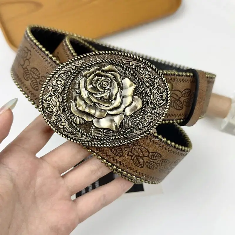 1PC Vintage Carved Buckle PU Wide Belts Boho Brown Embossed Waistband Western Jeans Pants Belt