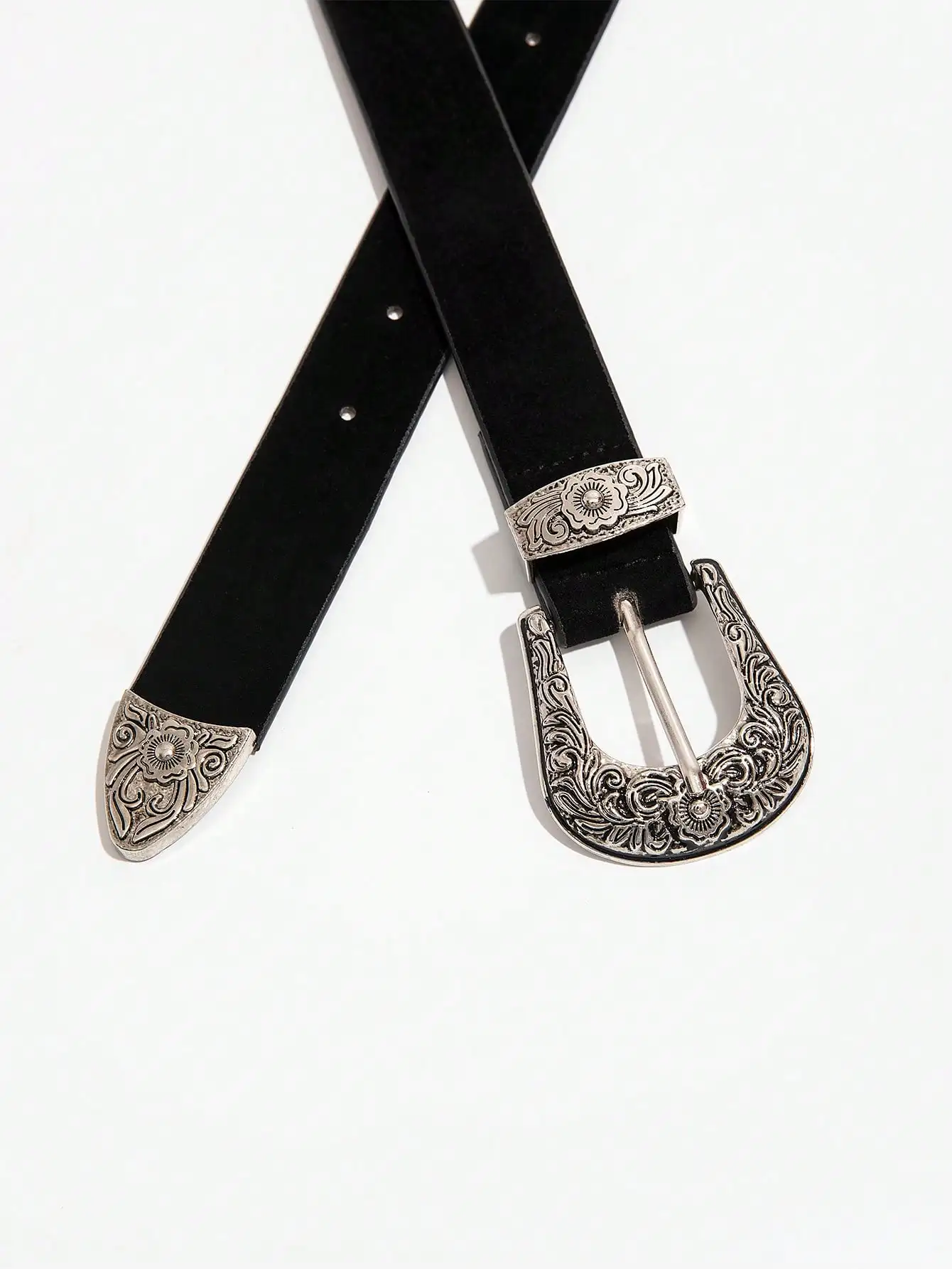 Women's black vintage bohemian style light luxury silver engraved metal buckle velvet belt for jeans, a versatile accessory be