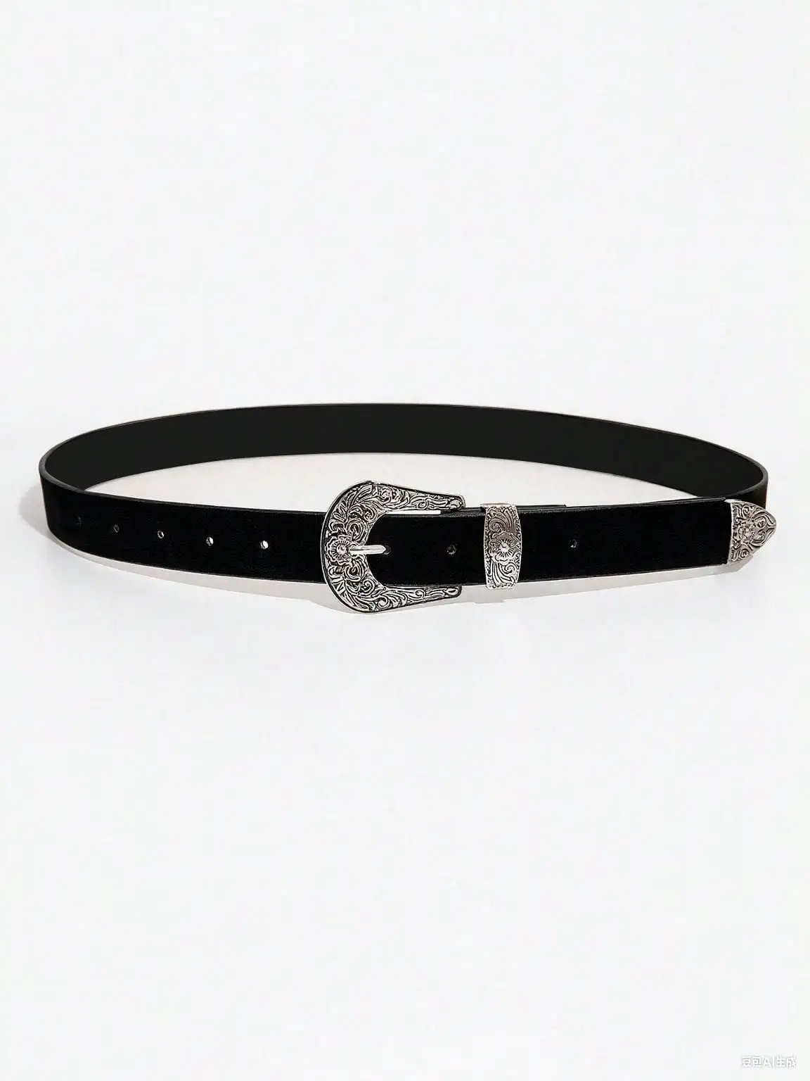 Women's black vintage bohemian style light luxury silver engraved metal buckle velvet belt for jeans, a versatile accessory be