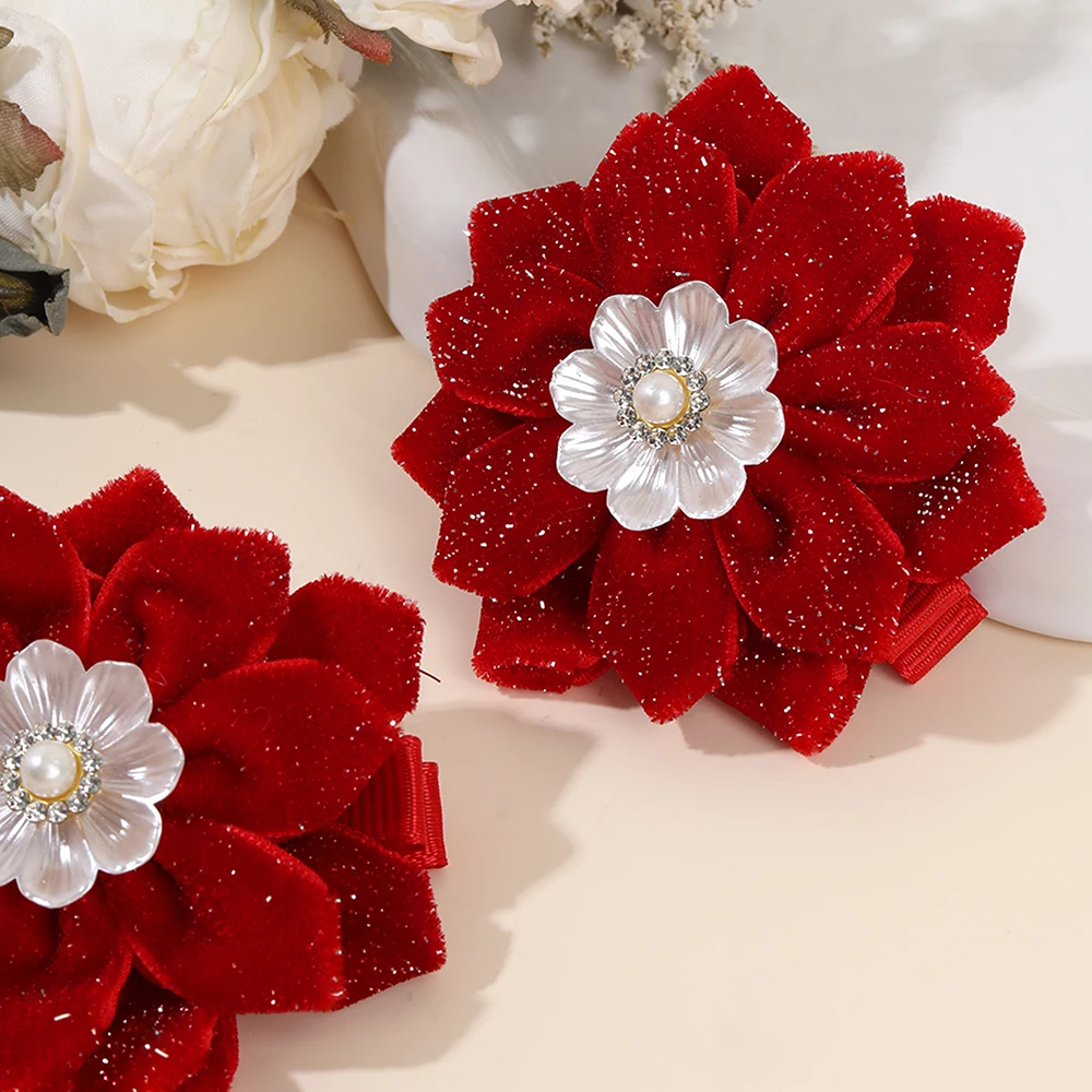 2Pcs Glittering Velvet Hair Clips Sweet Artificial Flower Hairpins Elegant Floral Pearls Barrette For Girl Headwear Accessories
