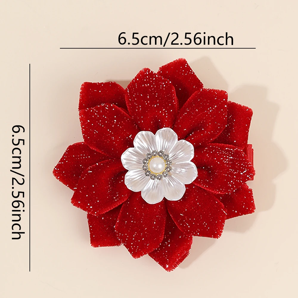 2Pcs Glittering Velvet Hair Clips Sweet Artificial Flower Hairpins Elegant Floral Pearls Barrette For Girl Headwear Accessories
