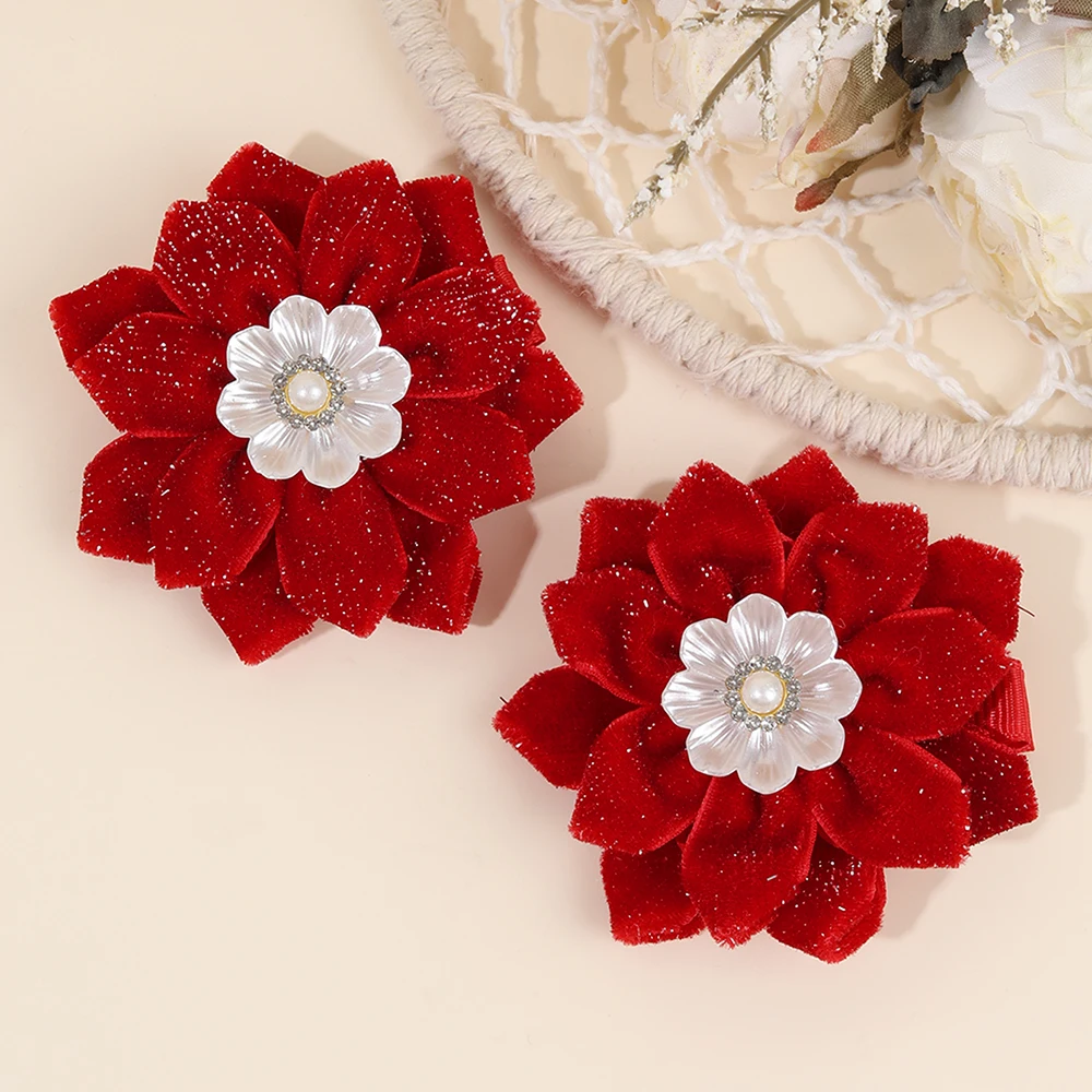 2Pcs Glittering Velvet Hair Clips Sweet Artificial Flower Hairpins Elegant Floral Pearls Barrette For Girl Headwear Accessories