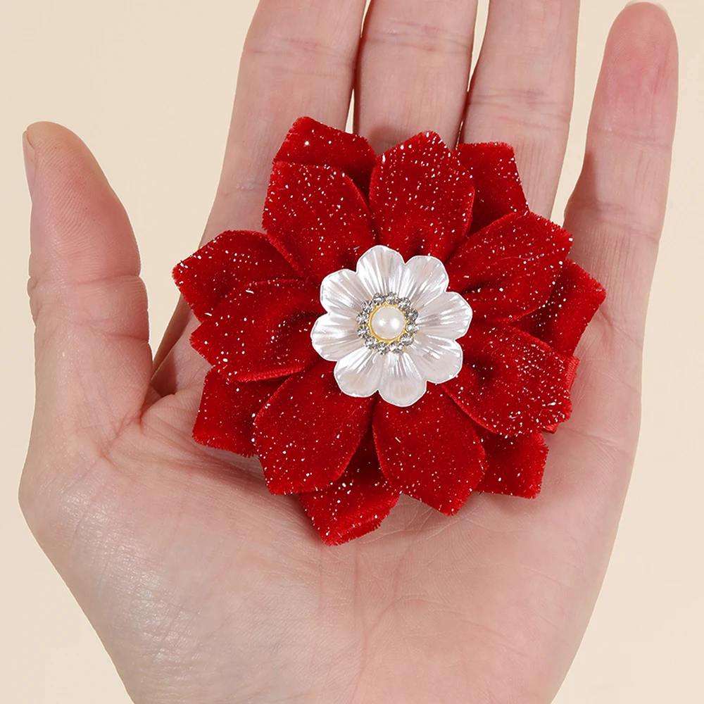 2Pcs Glittering Velvet Hair Clips Sweet Artificial Flower Hairpins Elegant Floral Pearls Barrette For Girl Headwear Accessories