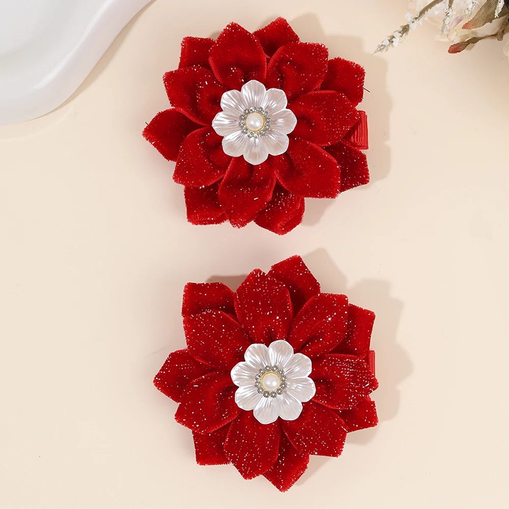2Pcs Glittering Velvet Hair Clips Sweet Artificial Flower Hairpins Elegant Floral Pearls Barrette For Girl Headwear Accessories