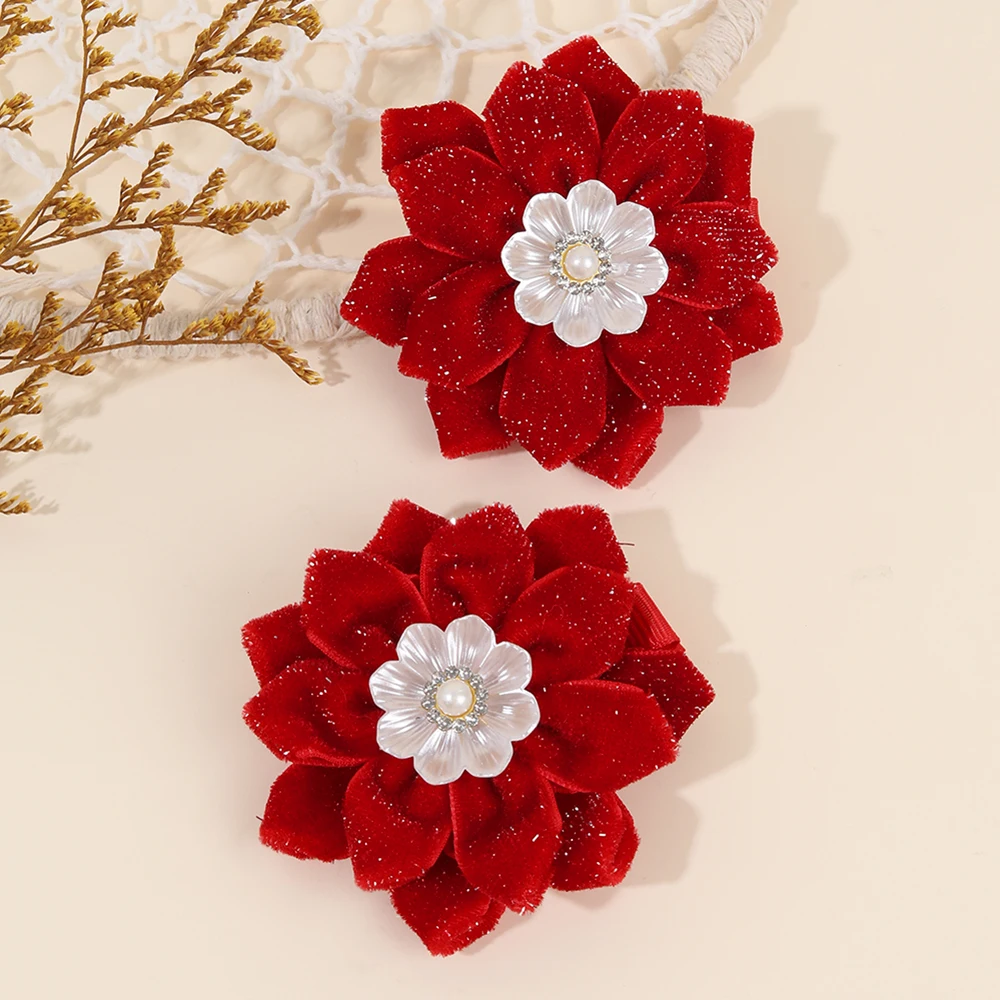 2Pcs Glittering Velvet Hair Clips Sweet Artificial Flower Hairpins Elegant Floral Pearls Barrette For Girl Headwear Accessories