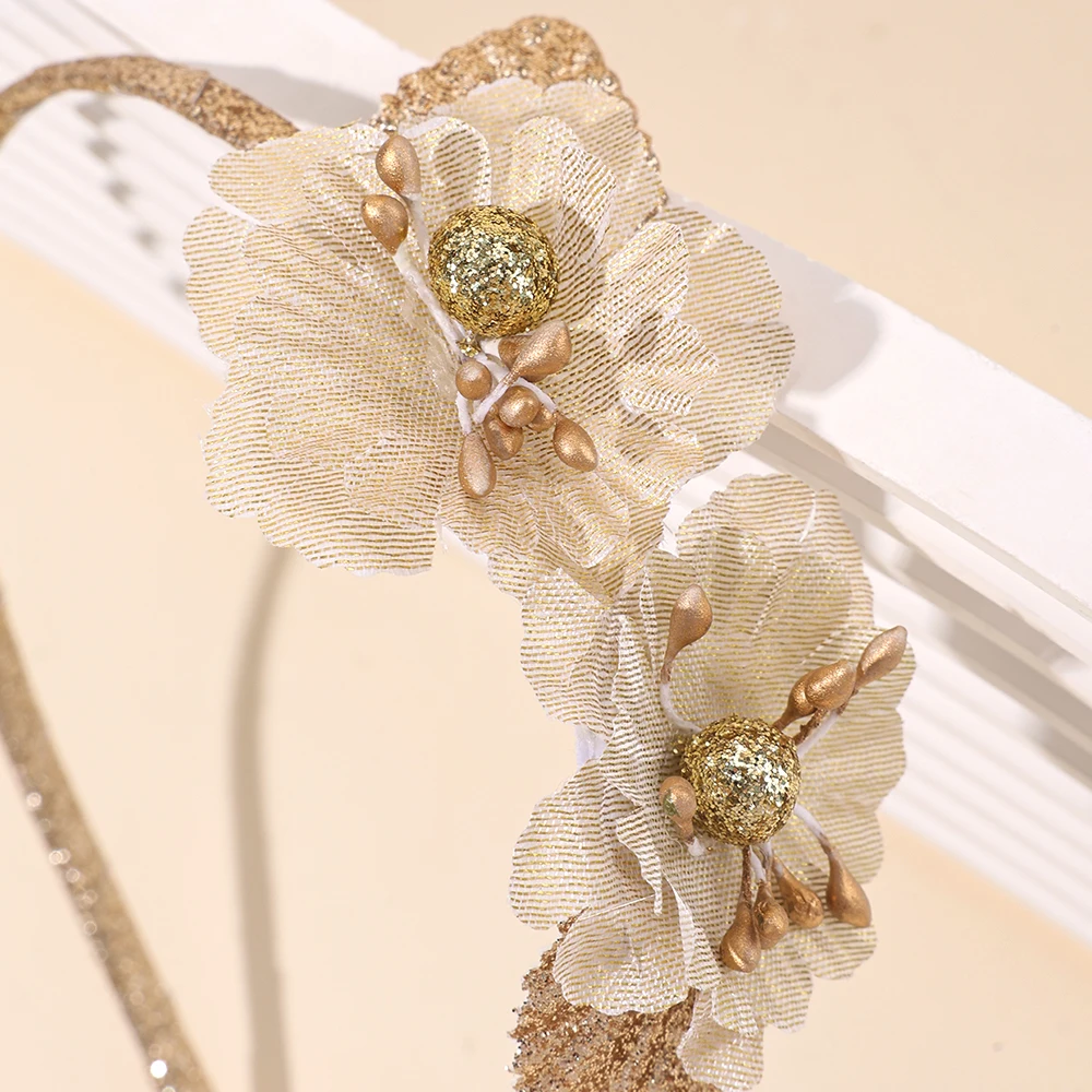New Sparkling Flower Headband Sweet Gold Glitter Artificial Floral Hair Band For Girls Women Trendy Headwear Hair Accessories
