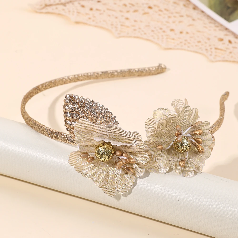 New Sparkling Flower Headband Sweet Gold Glitter Artificial Floral Hair Band For Girls Women Trendy Headwear Hair Accessories