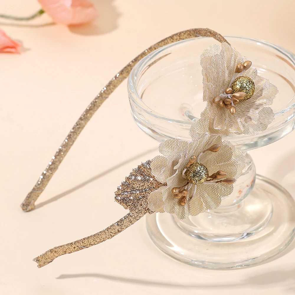 New Sparkling Flower Headband Sweet Gold Glitter Artificial Floral Hair Band For Girls Women Trendy Headwear Hair Accessories