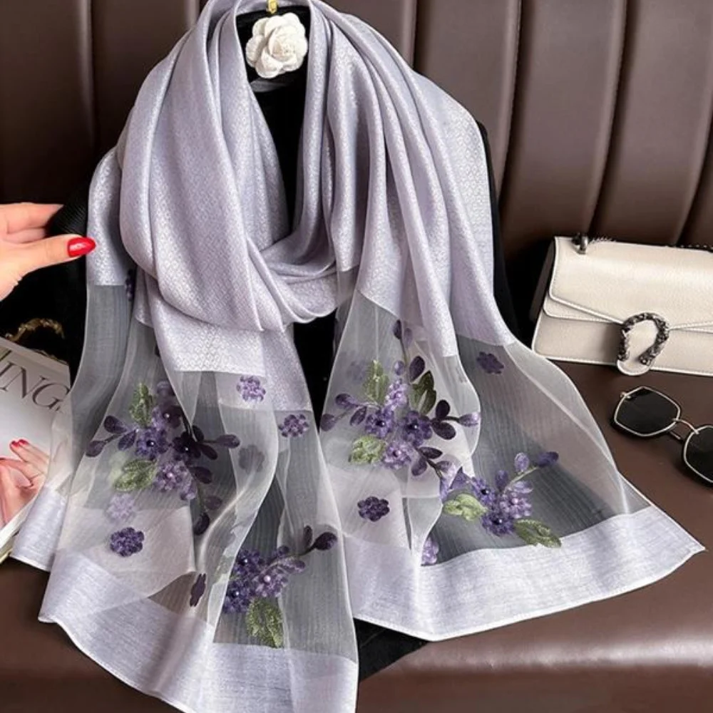 Elegant floral embroidered silk scarf for women, stylish sunscreen beach shawl with beaded trim, bohemian windproof must-have