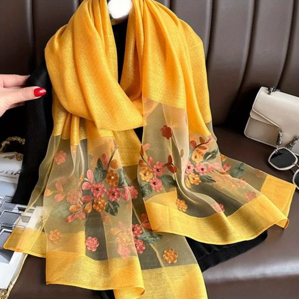 Elegant floral embroidered silk scarf for women, stylish sunscreen beach shawl with beaded trim, bohemian windproof must-have