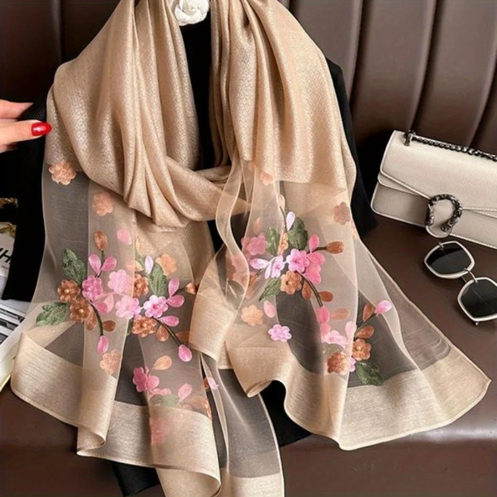Elegant floral embroidered silk scarf for women, stylish sunscreen beach shawl with beaded trim, bohemian windproof must-have